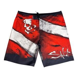 Salt Life SLX-QD Vapor Stretch Skull Swim Trunks 40 Zip Pocket Key Holder Red